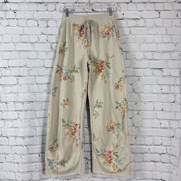 Driftwood Jeans French Terry Floral Embroidered Gathered Pants Tan Boho M - Picture 3 of 14